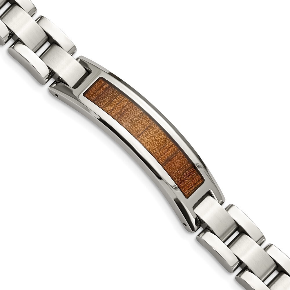 Kazi Luxury Steel Brushed & Enameled Koa Wood Inlay 8.5in Link ID Bracelet
